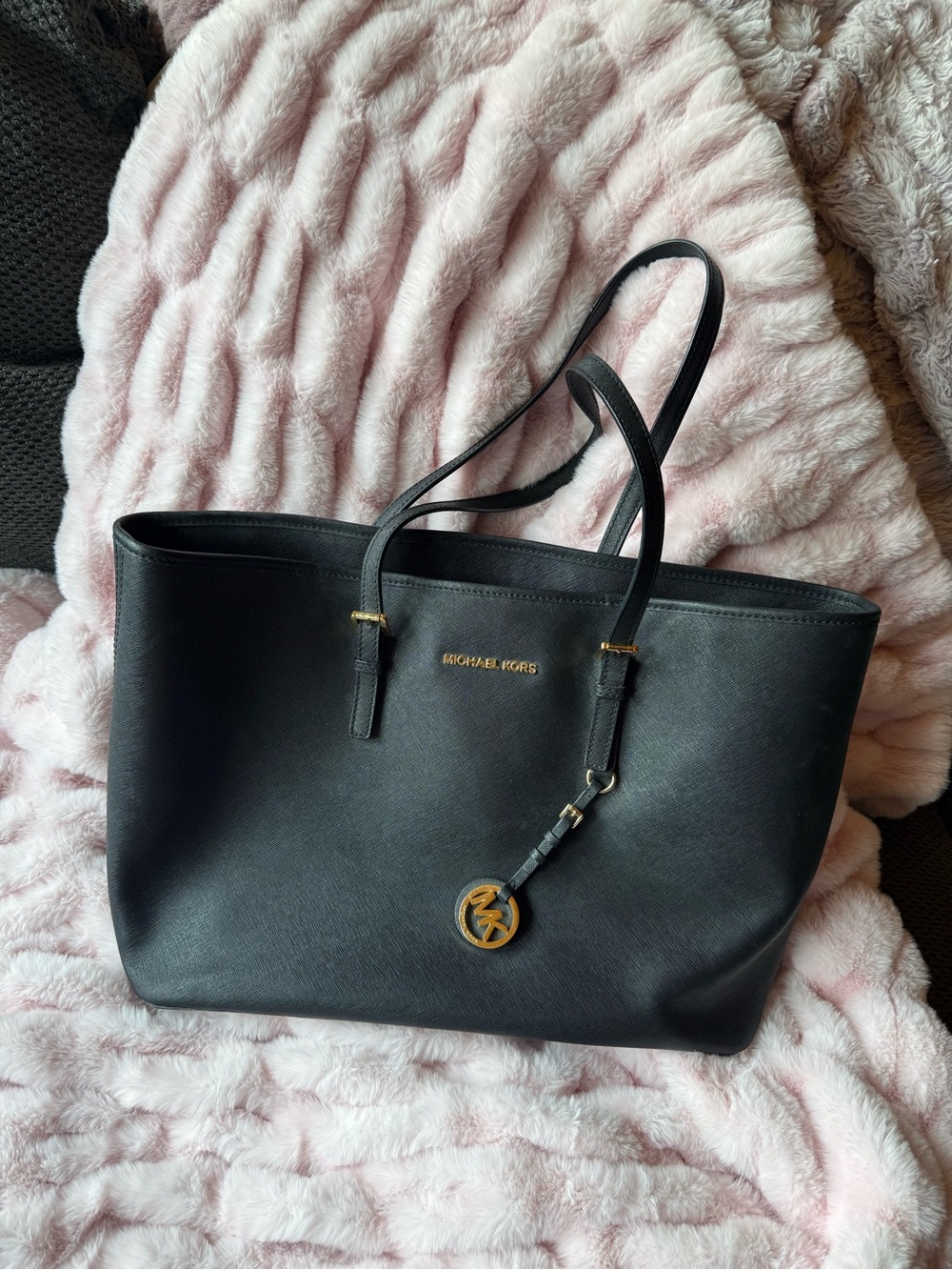 Michael Kors Black Leather Tote with Gold Logo Charm